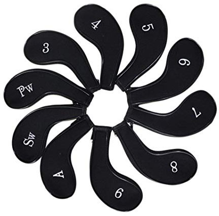 MamimamiH 10pcs Golf Long Neck Iron Zippered Head Covers Headcover Fit All Brands Titleist, Callaway, Ping, Taylormade, Cobra, Etc 3-Sw (Black)