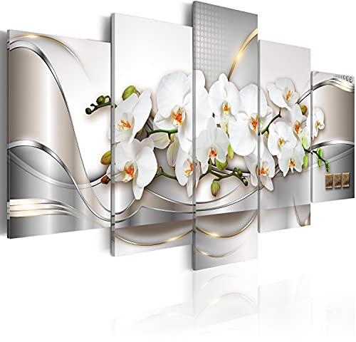 B&D XXL Acrylglasbild Abstrakt 200x100 cm 5 Teilig Wandbild auf Acryl Glasbilder Kunstdruck Moderne Acrylglas Platte Wanddekoration Geschenke Heimdekoration Glasbild Blumen Orchidee silber