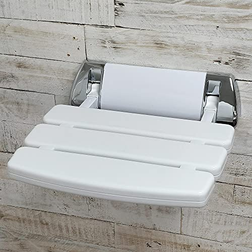 EcoSpa Wall Mounted Folding Shower Seat – White with Chrome Trim Bathroom Chair for Elderly, Disabled & Mobility Aid, Space-Saving Design, Supports Up to 160kg (25st)