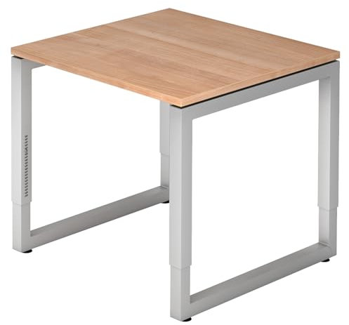 bümö höhenverstellbarer Schreibtisch R-Serie 80x80 cm in Nussbaum, Gestell in Silber - PC Tisch klein für's Büro manuell höhenverstellbar, Computertisch verstellbar