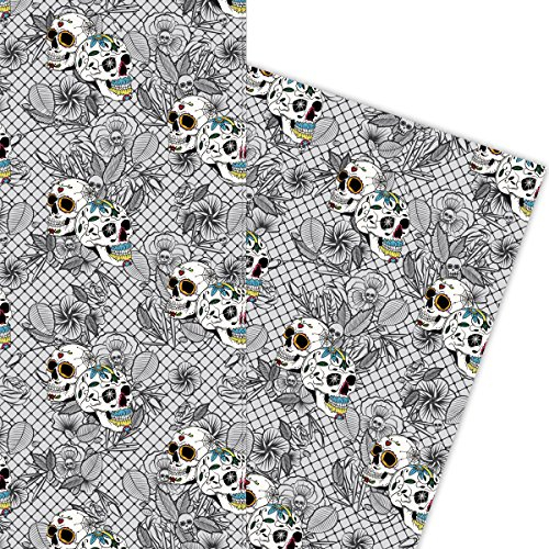 Kartenkaufrausch Florales Grunge Totenkopf Geschenkpapier Set, Dekorpapier mit bunten mexikanischen Totenköpfen Musterpapier, Designpapier zum basteln, 4 Bögen, 32 x 48cm, schwarz auf grau