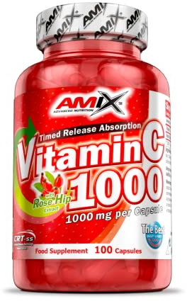 Amix Vitamina C 100 Caps, 1000MG por cápsula, enriquecida con escaramujo, ayuda a reforzar y mantener el sistema inmune.