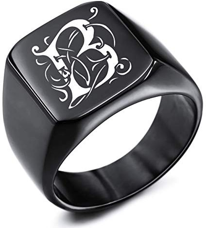 MeMeDIY Benutzerdefinierte Gravur Initialen Monogramm Siegelring für Männer Frauen Jungen Herren Ringe Edelstahl, Bundle mit Ringgrößeneinstellern (Schwarze Farbe, Größe 70 (22.3))