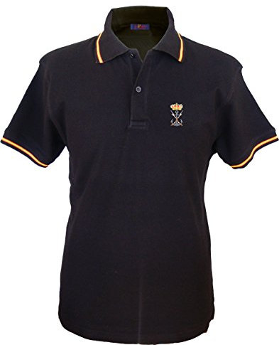 Polo Bandera España Negro Hombre, Bordado Infantería de Marina en Pecho, Bandera España en Cuello y Mangas, 100% algodón Talla M