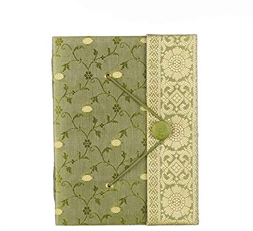 Sari Journal Large 14cm x 18.5cm - Green - Unlined Recycled Paper - Elastic Closure - Notebook and Diary - Indian Stationery Gift - For Men Women Students - Sari Fabric