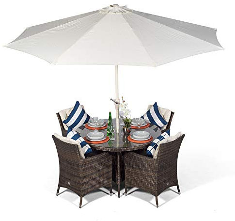Giardino Savannah Rattan Garden Dining Set 4 Seater Outdoor Round Garden Table & Chairs, Patio Furniture with Parasol & Cover, Aluminium Frame, 120cm, Brown