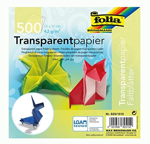 folia 825/1515 - Transparentpapier - Faltblätter, 15 x 15 cm, 500 Blatt, 42 g/qm, sortiert in 10 Farben - ideal für wunderschöne Faltfiguren und -formen
