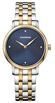 WENGER Damen Armbanduhr Urban Donnissima Ø 35 mm, Swiss Made, Analog Quarz, Wasserdicht bis 100 m, Edelstahl-Armband, Blau/Silber/Gold, 01.1721.103