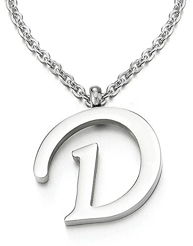 COOLSTEELANDBEYOND Name Initiale Alphabet Buchstaben A bis Z Anhänger Edelstah Halskette für Damen Herren mit 50cm Stahl Seil-Kette - D
