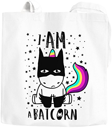Jutebeutel Batcorn böses Einhorn schwarz black Unicorn Baumwollbeutel Stofftasche Moonworks® weiß 2 lange Henkel