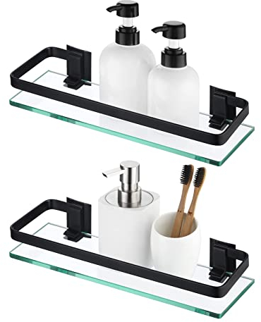 KES Etagere en Verre de Salle De Bains Aluminium Etagere Murale Tablette Douche 8MM Extra Épais en Verre Trempé Rectangulaire 2 Pack Noir, A4126A-BK-P2