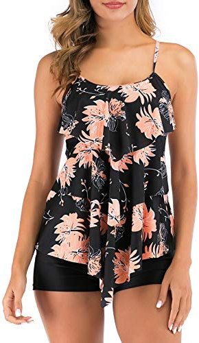 FLYILY Maillot de Bain 2 Pièces Femme Tankini Ensembles à Volants Maillot Haut Imprimé avec Short de Garçon(BlackFlower,XXXL)