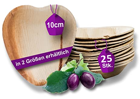 Waipur Assiette Palmier- 25 Assiettes Cœur 10 cm - Vaisselle Jetable de Qualité Supérieure - Stable, Naturelle et au Design Unique - Assiette Mariage Authentiques