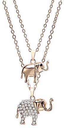 Ouran Elephant Pendant Necklace for Women, Detachable Double Layer Chain Hypoallergenic Silver Plated/Rose Gold Necklace with Crystal