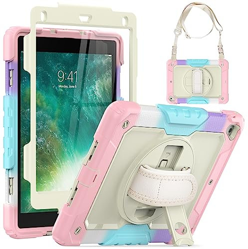 SEYMCY Kids Case for iPad 6th/5th Generation 2018/2017, iPad Air 2 Case 2014, iPad Pro 9.7 inch 2016, Shockproof Shockproof with Screen Protector, Rotating Stand & Hand Strap, Shoulder Strap, Pink