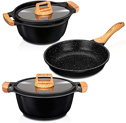 Smile Wood Batería Cocina Inducción 3 Piezas Aluminio Fundido Antiadherente ILAG ULTIMATE sin PFOA PTFE, Set Cazuelas Tapas Cristal + Sartén, Asas Silicona Efecto Madera, Vitrocerámica, Gas