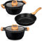 Smile Wood Batterie de cuisine à induction 3 pièces en aluminium fondu anti-adhésif ILAG Ultimate sans PFOA, set de casseroles couvercles en verre + poêle, poignées silicone effet bois, vitrocéramique