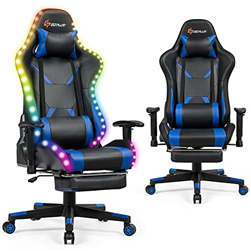GOPLUS Chaise Gaming Pivotante avec Dossier Inclinable 90-155°, Hauteur et Accoudoir Réglables,Fauteuil Gamer Illuminé de Siège Ergonomique avec Repose-Pieds Rétractable,Télécommande (Bleu)