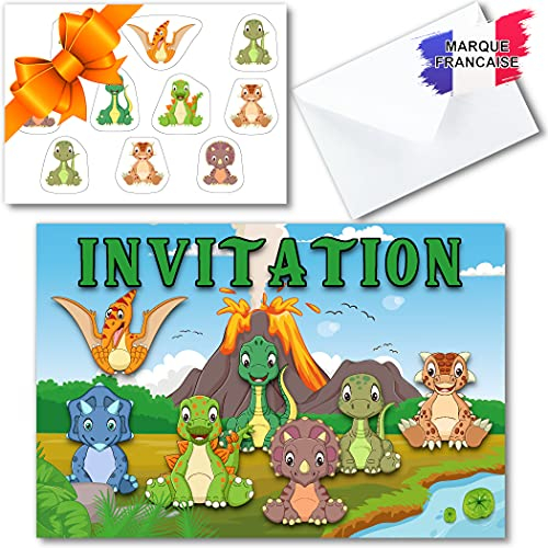 Einladungskarte zum Geburtstag für Jungen auf Französisch mit Dinosaurier-Motiv für 7 Gäste (7 Einladungskarten + 7 Umschläge + 1 Bogen mit 10 Aufklebern) Ideal für Kinder von 4 bis 10 Jahren