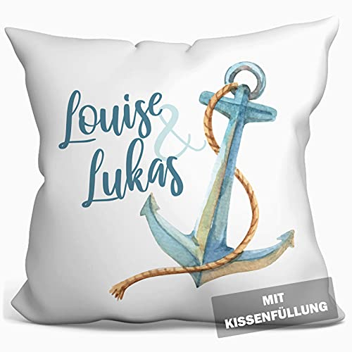 personalisierbares Kissen zur Hochzeit, Hochzeitskissen Anker Hochzeits-Geschenk Standesamt Kirchlich Freie Trauung, Kissenhülle mit Füllung, Kissen mit Namen und Datum weiß 40cm x 40cm (Anker)