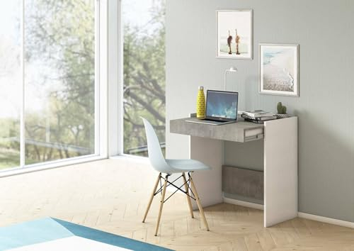Dmora - Bureau Clématide, Bureau moderne avec tiroir, Table d'étude ou de bureau, Porte-livre PC, 100% Made in Italy, 80x40h79 cm, Blanc et Ciment