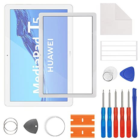 SwarKing Écran en verre avant - Verre extérieur de rechange compatible avec Huawei MediaPad T5 10,1 (blanc) avec kit de réparation
