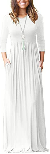 WNEEDU Maxi Dresses for Women UK 3/4 Sleeve Round Neck Ladies Casul Long Dresses Empire Waist Dress with Pockets White 3XL