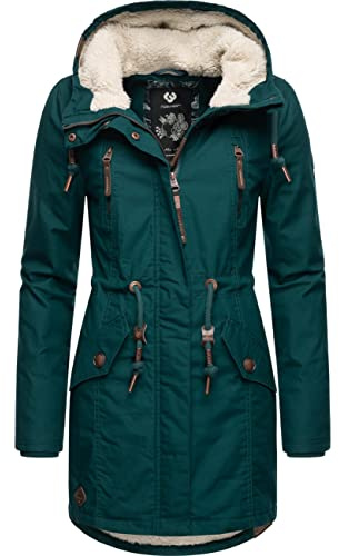 Ragwear Damen Mantel lange warme Winterjacke mit Teddyfell-Kapuze Elsie Intl Dark Green22 Gr. XXL