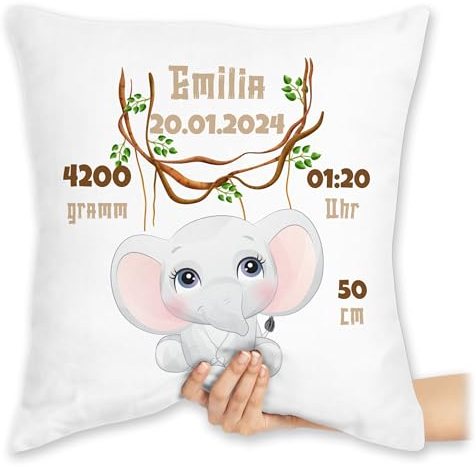 Kissen 40x40 Zierkissen - Geburtsgeschenk Elefant Datum Gewicht Uhrzeit Größe I Geschenk zur Geburt - 40 x 40 cm - Weiß - personalisierte Babygeschenk neugeboren Elefanten