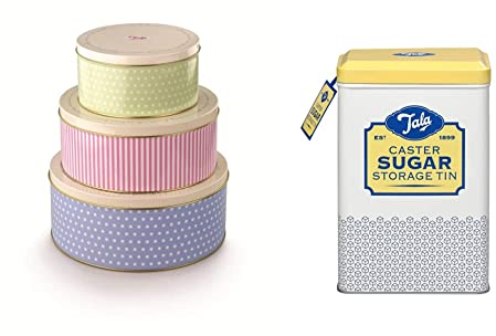 Tala 10B19530 Retro Design Round Cake Tins - 3 Pack & Originals Caster Sugar Storage Tin, Metal, Yellow and Cream Nostalgic Design, Holds a Full Bag