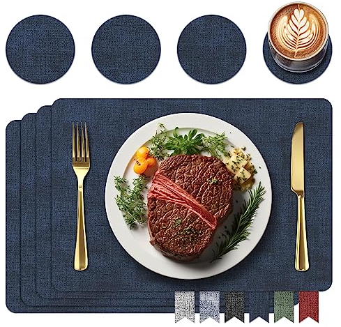 Tischsets und Untersetzer aus Leder, platzdeckchen abwaschbar,Platzsets abwaschbar,Tischdeko,tischsets tischsets abwaschbar,Platz-Matten für Küche Speisetisch,4er-Set (Rechteck, Marineblau)