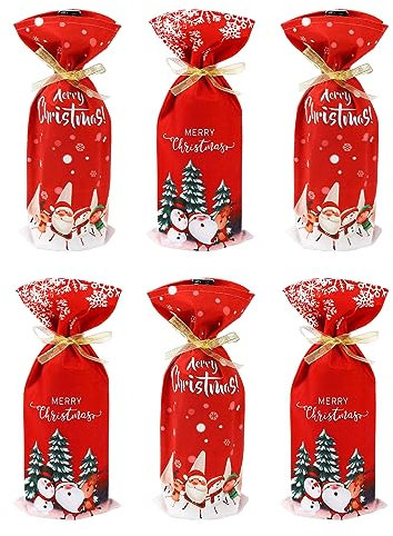 6 Pieces Christmas Wine Bottle Cover Bags Christmas Tree Santa Claus Snowman Snowflakes Pattern Bottle Wrap Xmas Red Wine Gift Bags for Home Dinner Table Candy Gift Bag Party Festival Decoration