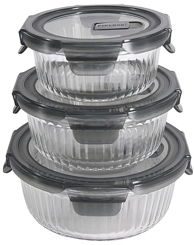 PIE LOCK Frischhaltedosen mit Deckel 3tlg - Glas Brotdosen Set luftdicht & auslaufsicher Aufbewahrungsbox Küche Vorratsdosen mit Deckel (Rund)