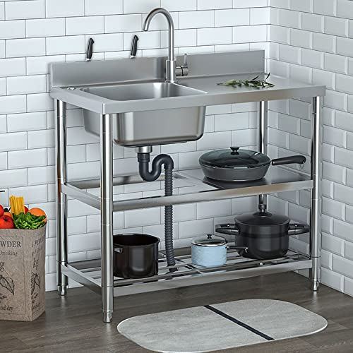 Edelstahl Waschbecken Mobiles Spültisch Werkstatt Außenbereich Gewerbliche Küche Spülbecken, Küchenspüle mit Werkbank und Aufbewahrungsregalen für Garage, Waschküche, Outdoor-Garten 90 * 50 * 80cm