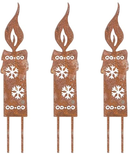 EDWINENE Rostiges Kerzen Gartenstecker Weihnachten, 3er Set Kerze Weihnachtsdeko Roststecker, Rost Kerze Licht Metall Wetterfest, Draußen Gartenstecker Rost Kerze, Gartendeko Rost Deko Baumstecker