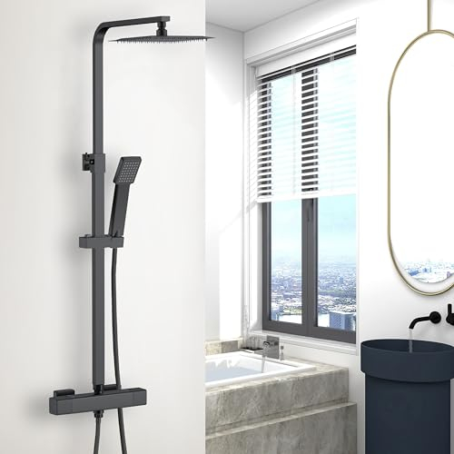Aica Sanitarios Columna de Ducha Termostática Negro Mate Cuadrada con Barra Ajustable, Alcachofa de Ducha Lluvia Efecto para Baño
