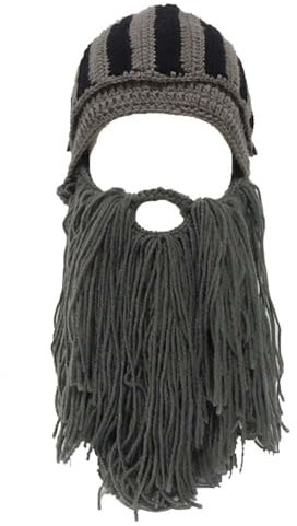 WUODHTW Handgefertigte Strickmütze für Herren, große Bartmütze, Wikingerhörner, Mützen, Halloween-Kappen, lustige Skimütze, grau, 58