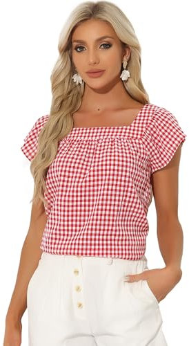 Allegra K Summer Square Neck Gingham Tops for Women's Cap Sleeve Tshirts Blouses Red XL