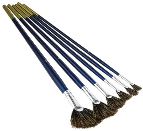 Prasacco 6 Pcs Fan Paint Brushes, Hog Bristles Watercolor Brushes Sets Fan Shapes Acrylic Paint Brushes with Long Handle Artist Fan Paint Brushes for Acrylic Oil Watercolor Gouache Painting