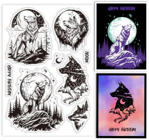 GLOBLELAND Wolf Mond Silikonstempel Timberwölfe Transparente Stempel Wolfsgeheul Klare Stamps Für Karten Herstellung DIY Scrapbooking Basteln