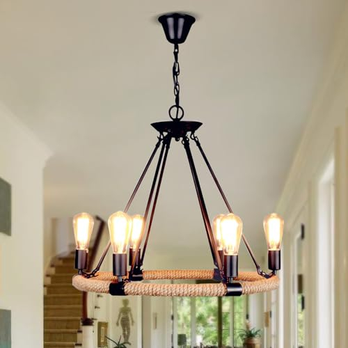 LDIEUWUET Kronleuchter schwarz Pendelleuchte,Bauernhaus Wagenrad Kronleuchter, Metall Vintage chandelier living room Deckenleuchten Bauernhaus Beleuchtung Leuchten Hängen (6-Licht)