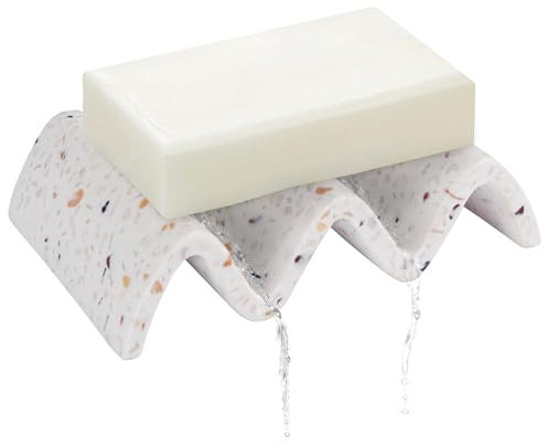 PENGARO Self Draining Marble Soap Dish with Drain - Modern Deco Jewelry Dish Soap Saver Tray for Bathroom Shower Kitchen Sponge Holder, Terrazzo