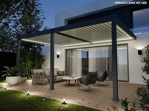 Direct ABRIS Pergola Bioclimatique Aluminium Adossée 19m² - 3,6x5,3 - Kit LED Inclus - Anthracite - 34 Lames en Aluminium a 120° - Halo