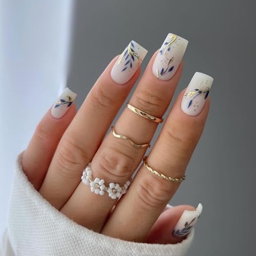 24 Pièces Faux Ongles Moyen Carrés Français Press on Nails Acrylique Couverture Complète Ongles à Coller avec Feuilles Dessin Ballerine Blanc Bâton sur Ongles 12 Tailles pour Femmes et Filles
