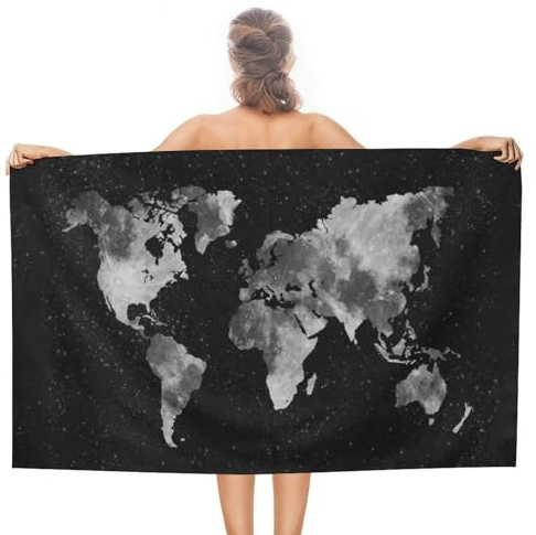 Handtuch Schwarze Weltkarte Im Retro-Look Schwimmhandtücher Tragbar Badehandtuch Mikrofaser Saunatuch Für Picknick, Yoga, Sauna, 80X130Cm