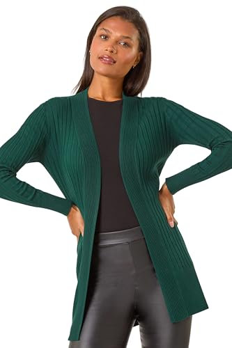 Roman Originals Ribbed Edge to Edge Cardigan for Women UK - Ladies Autumn Everyday Winter Holiday Pull-On Long Sleeves Comfy Soft Vacation Work - Dark Green - Size 20