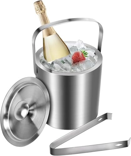 Minnhua 1.3L Eiswürfelbehälter mit Deckel und Zange Doppelwandig | Eiswürfelkühler Edelstahl Eiseimer Sektkühler Flaschenkühler Eiskübel mit Deckel Eiswürfel Behälter für Sommer Bar Party Haus