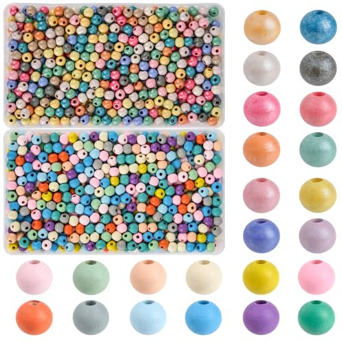 I LOVE MOM Holzperlen zum Auffädeln 1000 Stück Runde Holzperlen Bunt, Perlmutt und Mattholzkugeln 8 mm, Holzkugeln mit Loch Holzperlen Kinder für DIY Schmuckherstellung Armbänder Halsketten