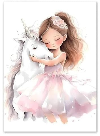 Gxllhh Bilder Einhorn Prinzessin Leinwand Bilder Mit Holzrahme, Moderne Wandbilder Wohnzimmer, Rahmen Kunstdruck Gemälde,Deko Bilder Für Wohnzimmer Schlafzimmer,Leinwandbilder Wohnzimmer 15X20Cm