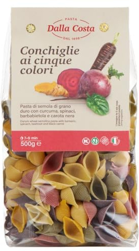 Dalla Costa Conchiglie Pasta in fünf Farben mit Kurkuma, Spinat, Rote Beete und schwarzer Karotte. Made in Italy. Sparpackung 12x500 Gramm